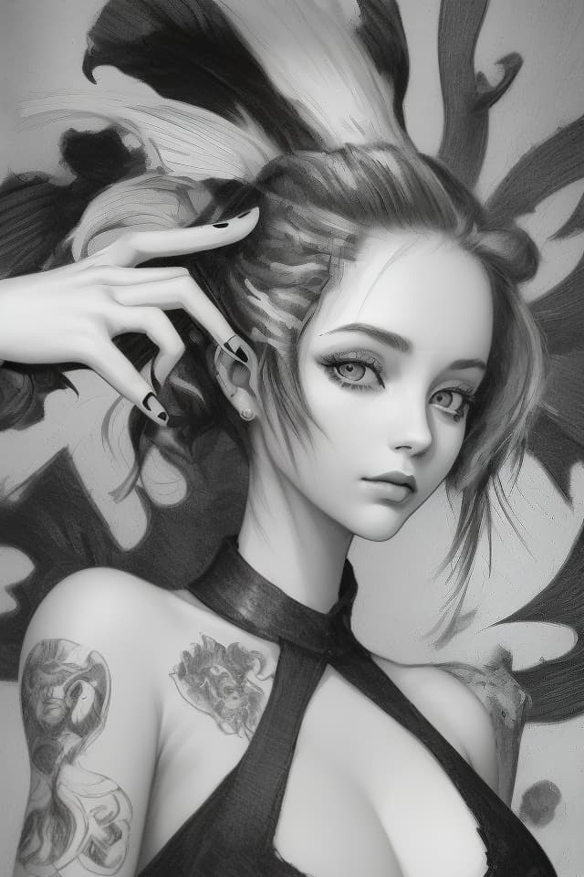  Masterpiece,top quality,super detailed,super high quality,monotone,black and white world,pencil drawing,one cool lady,high layered cut,eyes off,slitted eyes,punk style,shoulder up,high quality,8K