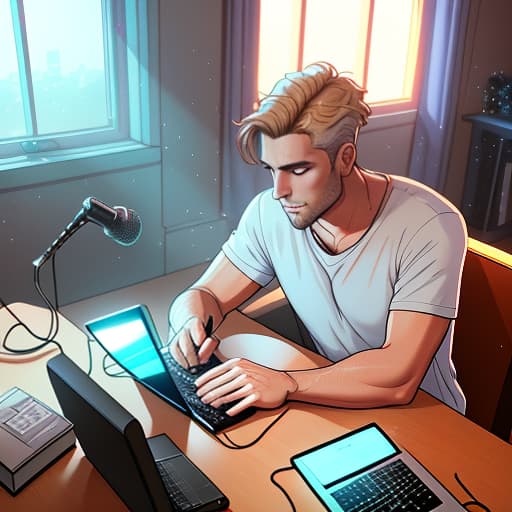  a fair guy with light hair sits late and writes a song at home, in a room, there is a microphone and a laptop on the table, a view from the back, a neon lamp on the right on the table hyperrealistic, full body, detailed clothing, highly detailed, cinematic lighting, stunningly beautiful, intricate, sharp focus, f/1. 8, 85mm, (centered image composition), (professionally color graded), ((bright soft diffused light)), volumetric fog, trending on instagram, trending on tumblr, HDR 4K, 8K