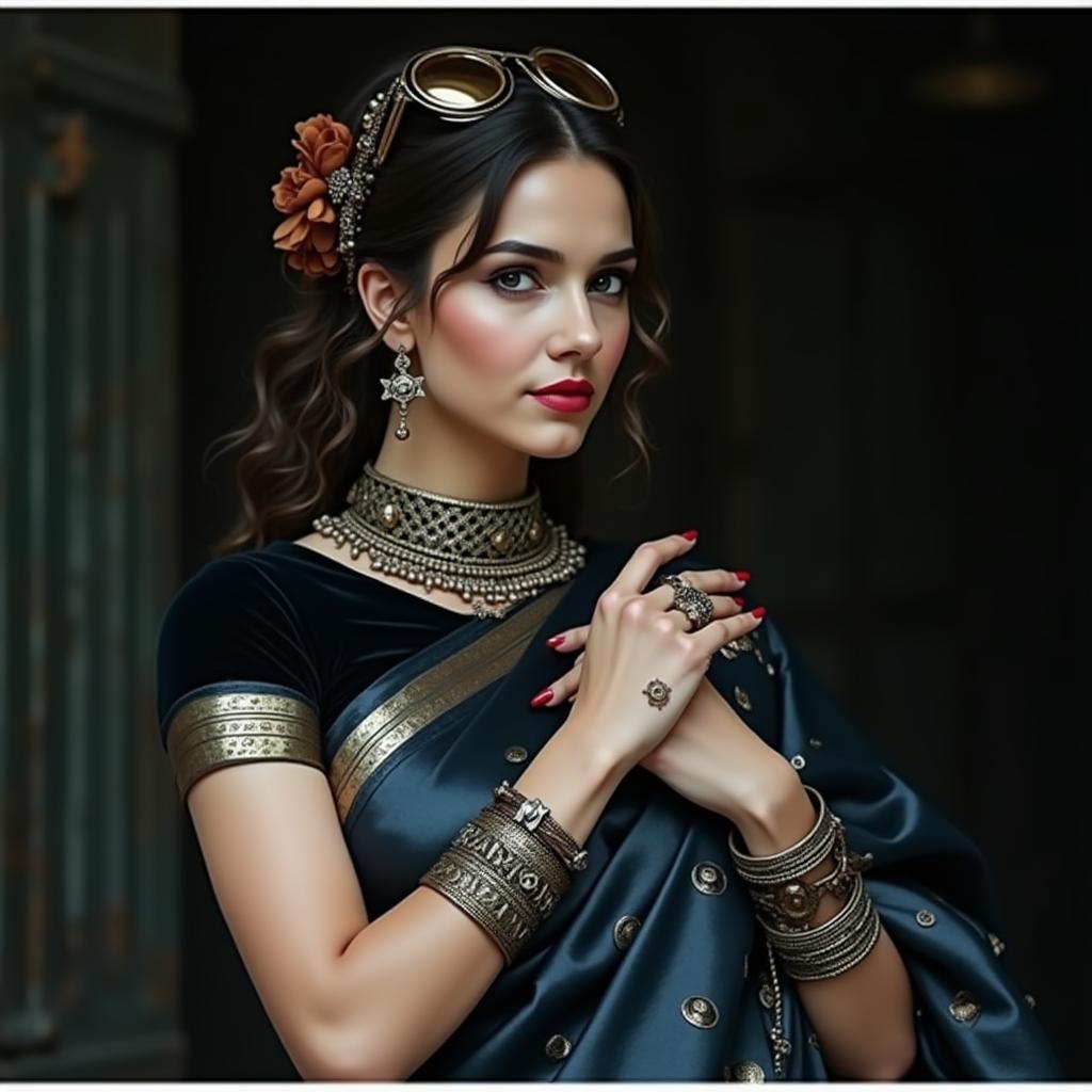  good quality, high quality, create an image in steampunk style, steampunk, steampunk style, indian lady in saree, same face and lips, just make her robotic