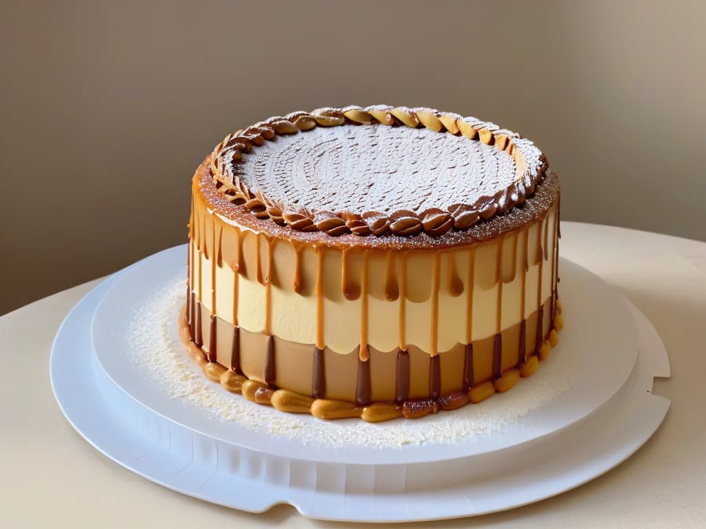  An ultradetailed image of a perfectly layered Torta de Milhojas, showcasing thin, crispy pastry layers sandwiched between rich, creamy dulce de leche filling. The top of the cake is elegantly dusted with a delicate sprinkle of powdered sugar, and the sides are adorned with a smooth, glossy caramel glaze. Each layer is meticulously crafted, creating a visually stunning dessert that exudes elegance and tradition. hyperrealistic, full body, detailed clothing, highly detailed, cinematic lighting, stunningly beautiful, intricate, sharp focus, f/1. 8, 85mm, (centered image composition), (professionally color graded), ((bright soft diffused light)), volumetric fog, trending on instagram, trending on tumblr, HDR 4K, 8K