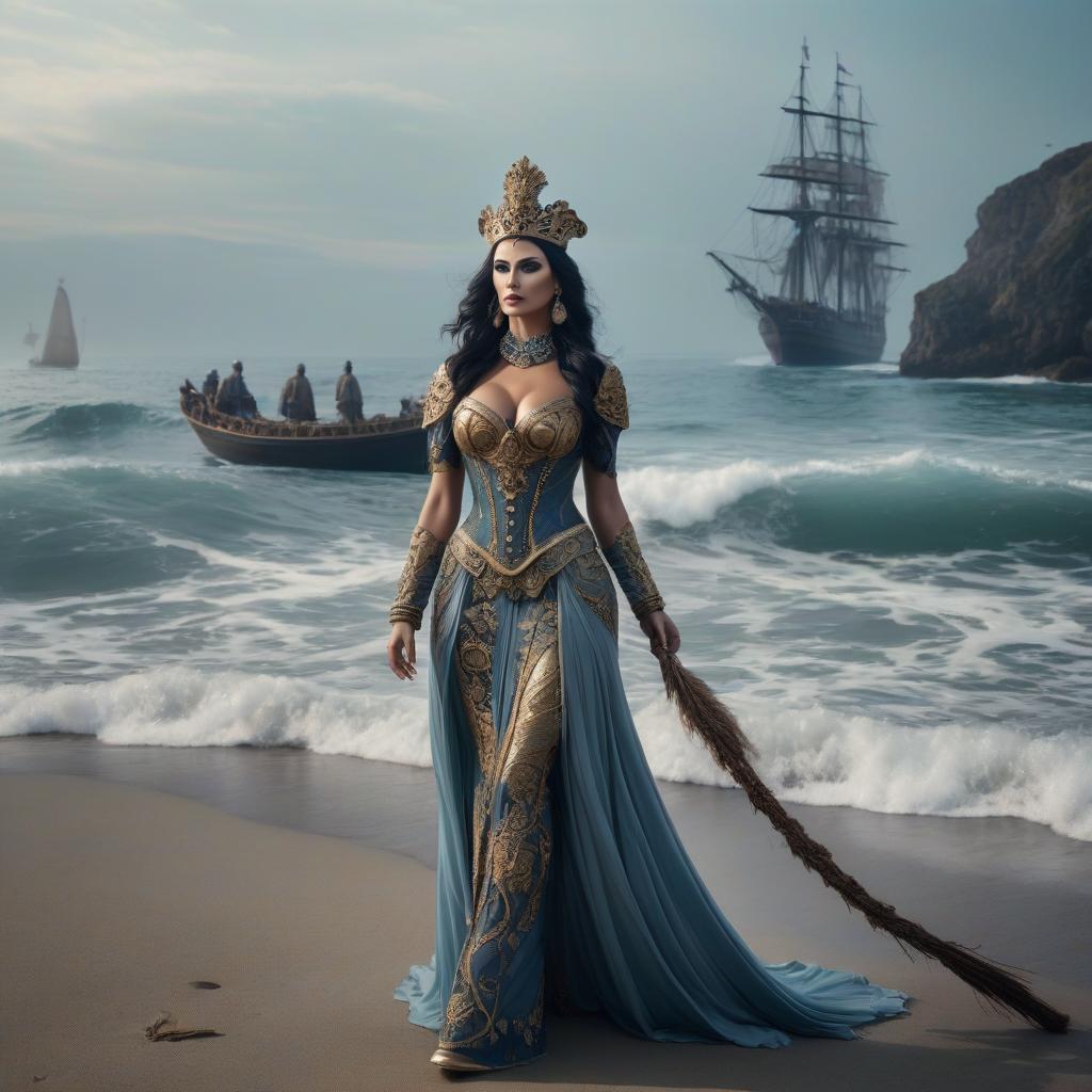  nautical themed The goddess of death walks the world to gather her harvest . sea, ocean, ships, maritime, beach, marine life, highly detailed hyperrealistic, full body, detailed clothing, highly detailed, cinematic lighting, stunningly beautiful, intricate, sharp focus, f/1. 8, 85mm, (centered image composition), (professionally color graded), ((bright soft diffused light)), volumetric fog, trending on instagram, trending on tumblr, HDR 4K, 8K