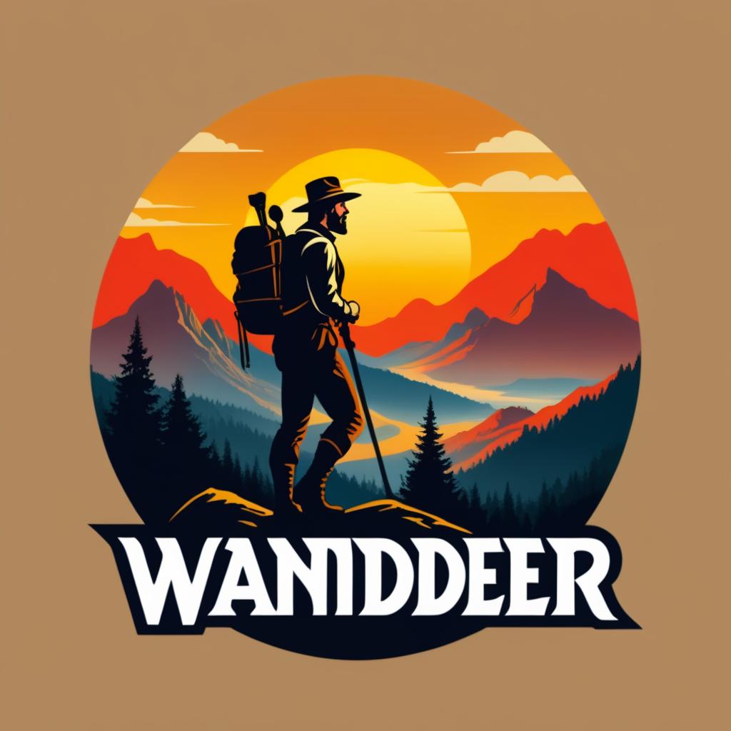  Logo, (realism style), ‚,WANDERER“ auf dem Weg zum Berggipfel bei Sonnenuntergang