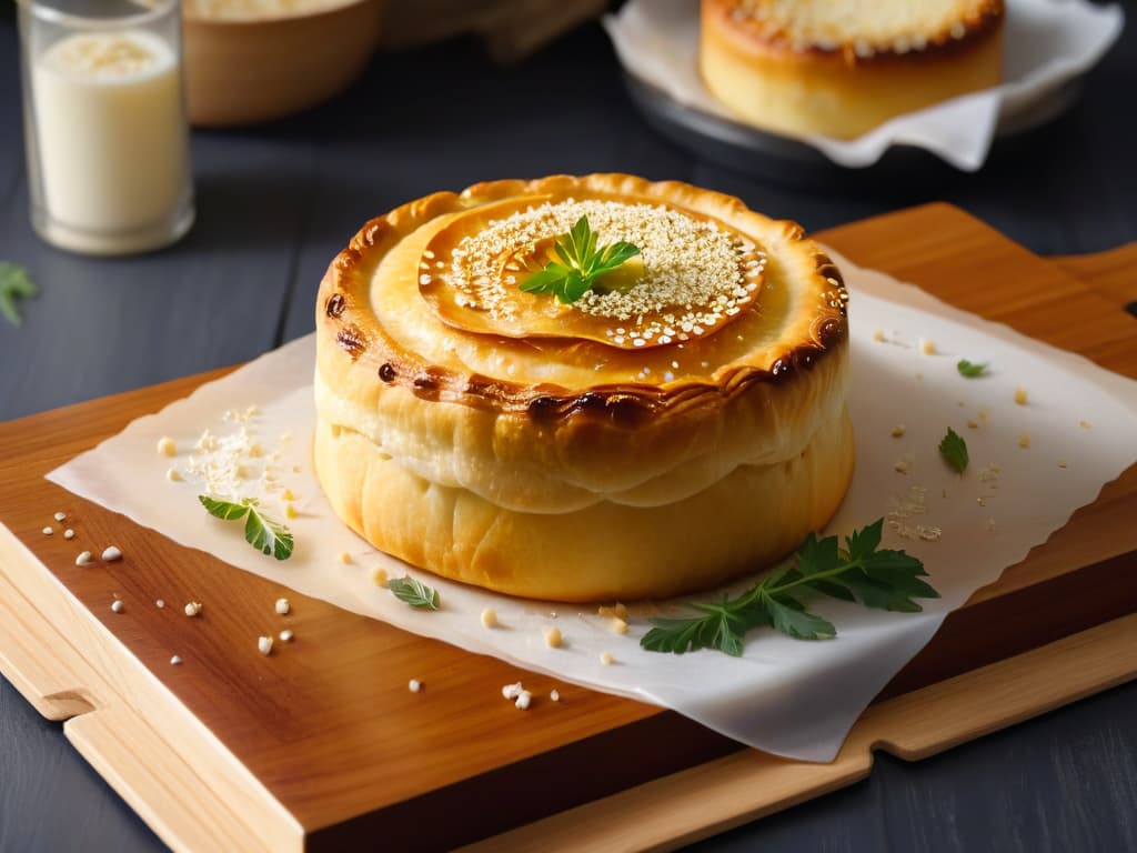  A minimalist image of a freshly baked Mujabbana cheese pastry on a rustic wooden board, sprinkled with aromatic herbs and surrounded by scattered sesame seeds. The pastry is golden brown and flaky, with visible layers of creamy cheese peeking through. The background is a soft, neutral color to enhance the simplicity and elegance of the dish, creating a visually appealing and appetizing image that captures the essence of Mujabbana. hyperrealistic, full body, detailed clothing, highly detailed, cinematic lighting, stunningly beautiful, intricate, sharp focus, f/1. 8, 85mm, (centered image composition), (professionally color graded), ((bright soft diffused light)), volumetric fog, trending on instagram, trending on tumblr, HDR 4K, 8K