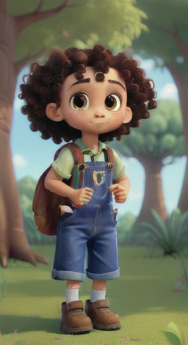  {The tree with a twinkling eye, while its leaves gently rustle., Riley, a curious with big brown eyes and curly hair, wearing overalls and carrying a small backpack. Their friend, Skye, a bluebird with shiny feathers.