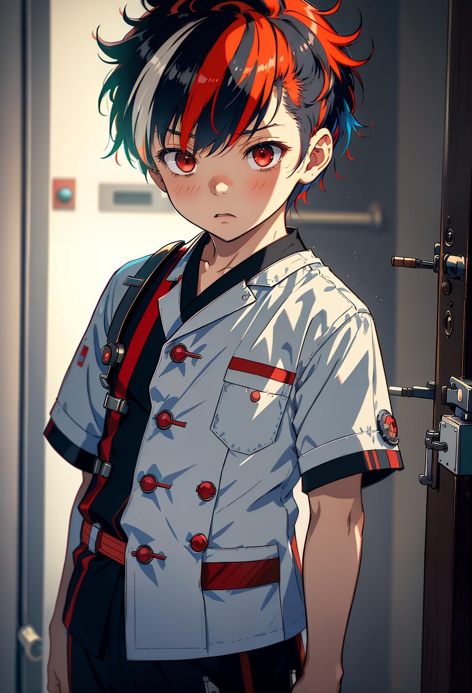  ((trending, highres, masterpiece, cinematic shot)), 1boy, chibi, male World War II outfit, hospital scene, very short spiked multicolored hair, bangs covering eyes, narrow red eyes, calm personality, mischievous expression, fair skin, lively, observant