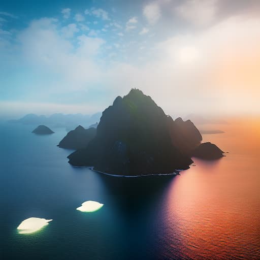 mdjrny-v4 style a island and fly bird , camera angle is dron tipe Mountain Majesty, High Resolution, HDR Masterpieces, Sharp and Sleek Shots, Oceanic Blues, Hockney's Horizons, Enchanting Evening Glow hyperrealistic, full body, detailed clothing, highly detailed, cinematic lighting, stunningly beautiful, intricate, sharp focus, f/1. 8, 85mm, (centered image composition), (professionally color graded), ((bright soft diffused light)), volumetric fog, trending on instagram, trending on tumblr, HDR 4K, 8K