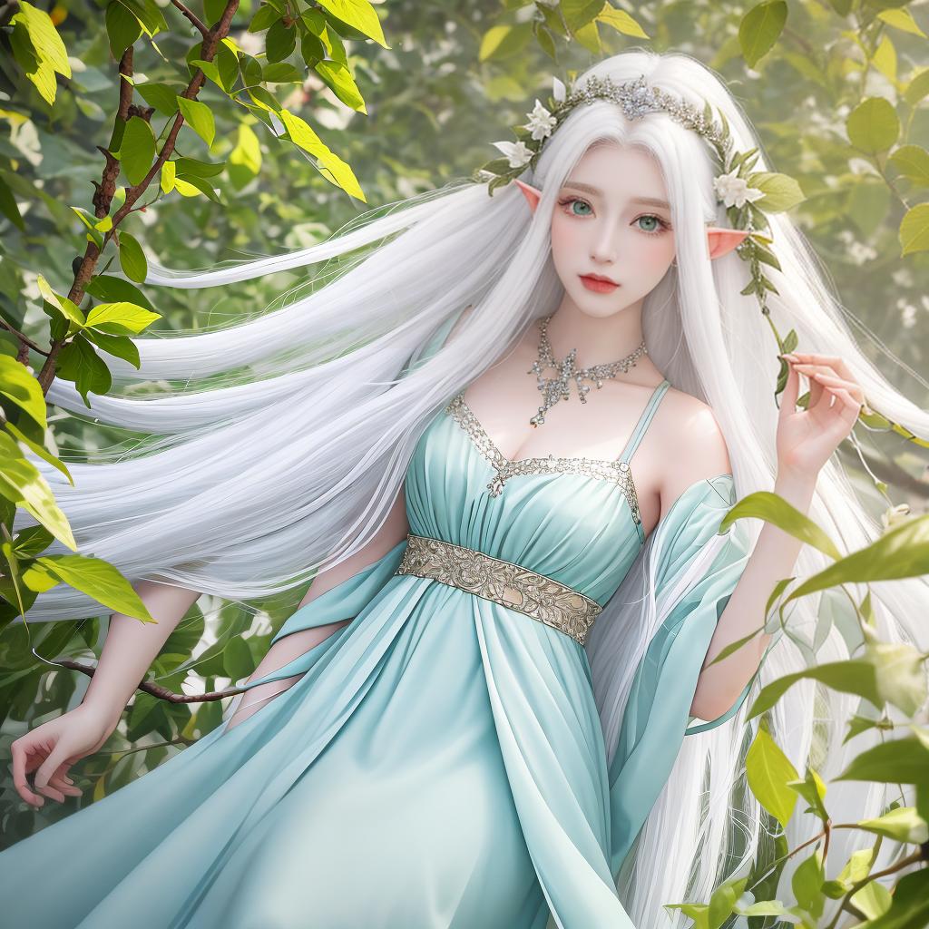  masterpiece, best quality,(masterpiece, best quality, high quality, high level, super detail), realism, 1 sweet , bigger,(side id: 1.1), long hair,(white hair), leaf hair accessory, elf, green eyes, pale skin, bare shoulders, jewelry , , , ,(look away: 1.2),(hair floating: 1.3)