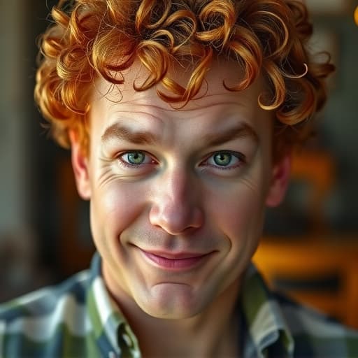  a middle aged man with curly red hair and striking green eyes, looking directly into the camera with a thoughtful expression. he has a slight smile, wearing a casual shirt, and the background is softly blurred to emphasize his features. hyperrealistic, full body, detailed clothing, highly detailed, cinematic lighting, stunningly beautiful, intricate, sharp focus, f/1. 8, 85mm, (centered image composition), (professionally color graded), ((bright soft diffused light)), volumetric fog, trending on instagram, trending on tumblr, HDR 4K, 8K