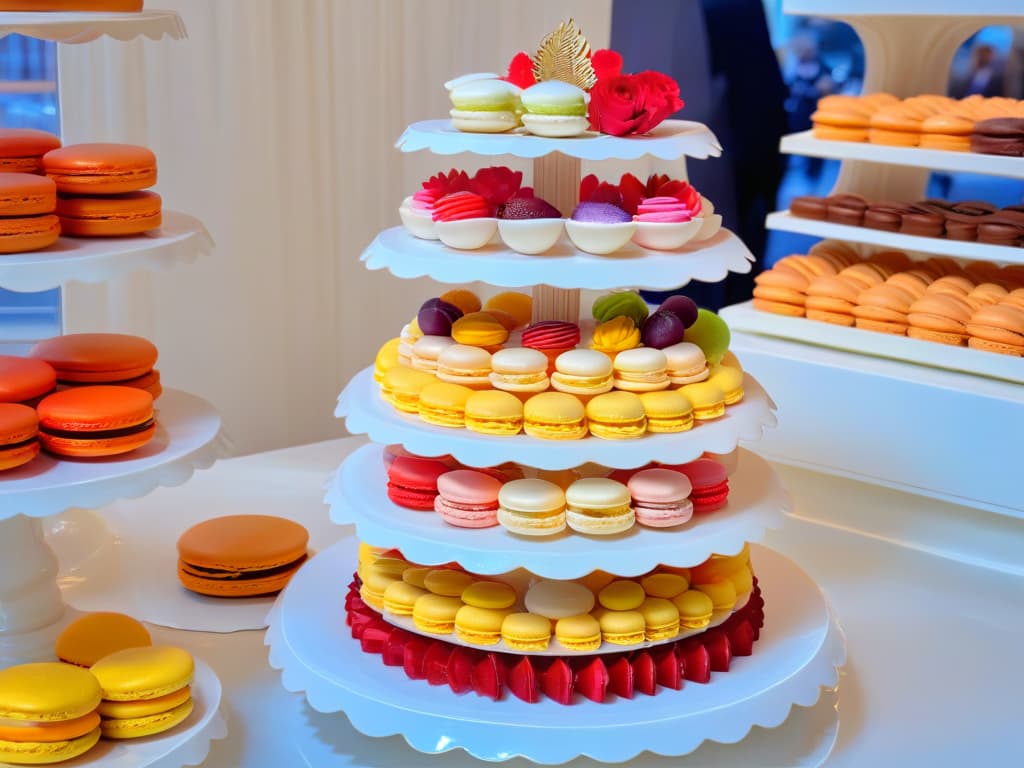  A closeup photorealistic image of a vibrant and colorful display at a French macaron festival, showcasing an array of meticulously crafted macarons in various flavors and pastel hues. Each macaron is delicately decorated with intricate designs and arranged artfully on a tiered stand, set against a backdrop of elegant French patisserie decor. The image captures the fine details and textures of the macarons, highlighting their exquisite presentation and inviting the viewer to indulge in the beauty of these delectable treats. hyperrealistic, full body, detailed clothing, highly detailed, cinematic lighting, stunningly beautiful, intricate, sharp focus, f/1. 8, 85mm, (centered image composition), (professionally color graded), ((bright soft diffused light)), volumetric fog, trending on instagram, trending on tumblr, HDR 4K, 8K