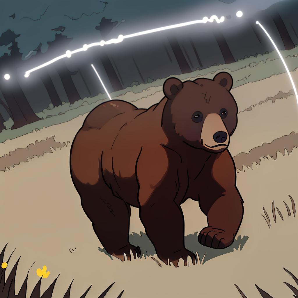  Bear with dark brown bear, light brown muzzle is running through field, high angle