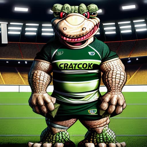  full members of a rugby player crocodile face and body of a crocodile standing in front of big stadium