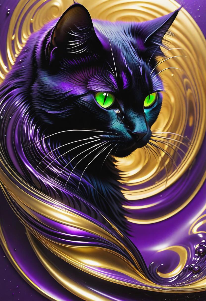 1. A mesmerizing black cat with sleek fur and piercing green eyes, gracefully curled up on a bed of vibrant purple ferrofluid, its body reflecting the fluid's shimmering metallic hues.

2. An enigmatic silhouette of a cat, cast against a backdrop of swirling golden ferrofluid, the glistening liquid molding itself around the feline's graceful contours, creating an otherworldly and ethereal ambiance.

3. A playful cat, its fur adorned with vibrant streaks of glowing blue ferrofluid, caught in mid-leap as it dances with the flowing liquid, the dynamic movement and luminous style captivating the viewer.

4. A majestic Maine Coon cat with a regal air, its luxurious fur cascading in dark waves infused with rich copper-toned ferrofluid, as if the  hyperrealistic, full body, detailed clothing, highly detailed, cinematic lighting, stunningly beautiful, intricate, sharp focus, f/1. 8, 85mm, (centered image composition), (professionally color graded), ((bright soft diffused light)), volumetric fog, trending on instagram, trending on tumblr, HDR 4K, 8K