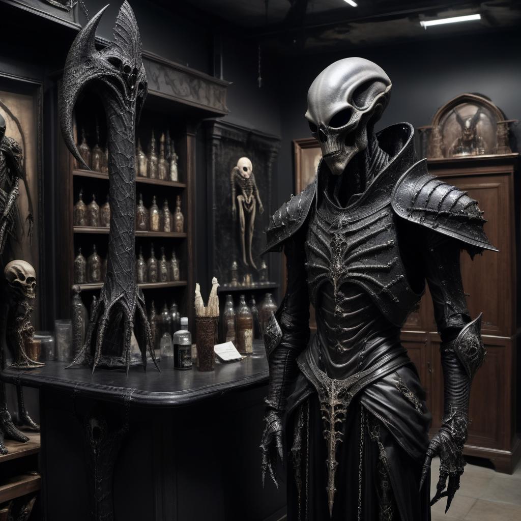  macabre style A very tall alien in armor stands next to the counter in a shop with high realism and detailed accessories. . dark, gothic, grim, haunting, highly detailed