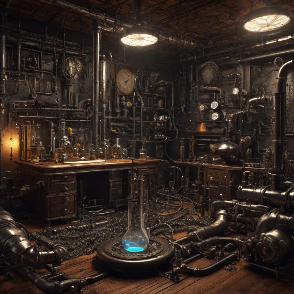  vivid illustrations, ferrofluid textures, room interior, hyperreality, time machine , pipes, flasks, greg hand, nabis, exclude presets in the foreground and middle of the room, contrasting textures, -ar 3:2, cute, hyper detail, full HD hyperrealistic, full body, detailed clothing, highly detailed, cinematic lighting, stunningly beautiful, intricate, sharp focus, f/1. 8, 85mm, (centered image composition), (professionally color graded), ((bright soft diffused light)), volumetric fog, trending on instagram, trending on tumblr, HDR 4K, 8K