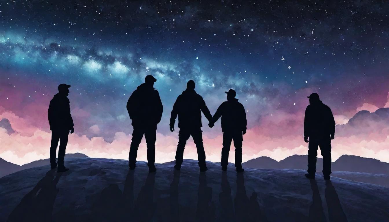  digital illustration, Group of figures standing together, hand in hand, diverse and united, star filled sky above, sense of solidarity and companionship, unity, support, looking at viewer, dynamic pose, (intricate details, masterpiece, best quality)