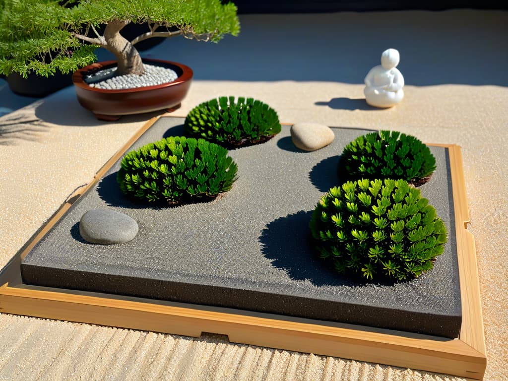  An ultradetailed image of a serene Zen garden with carefully arranged rocks, raked gravel, and a few vibrant green bonsai trees under soft sunlight, symbolizing balance, tranquility, and harmony. hyperrealistic, full body, detailed clothing, highly detailed, cinematic lighting, stunningly beautiful, intricate, sharp focus, f/1. 8, 85mm, (centered image composition), (professionally color graded), ((bright soft diffused light)), volumetric fog, trending on instagram, trending on tumblr, HDR 4K, 8K