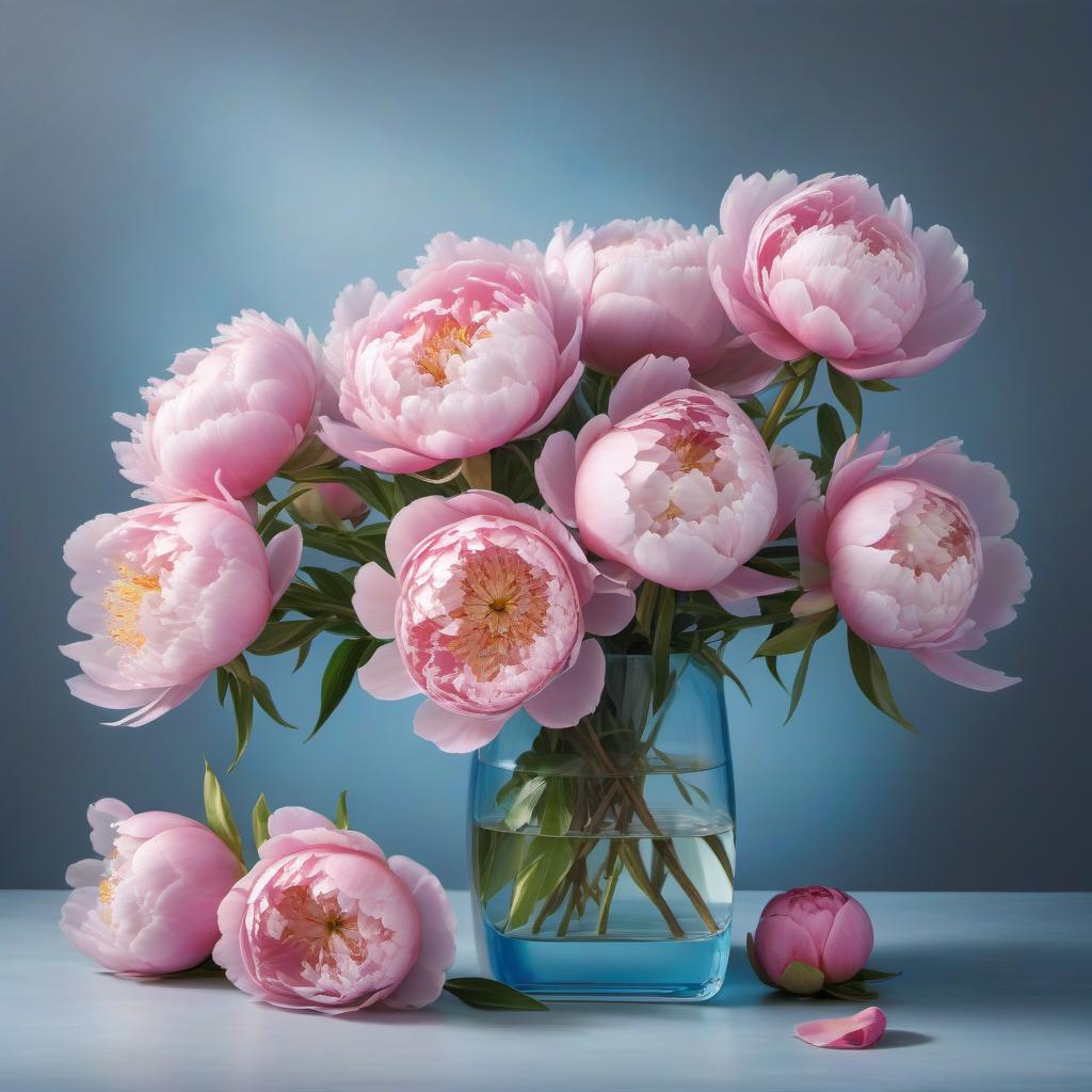  abstract style "clean painting of pink peonies in a small square glass vase on a French blue/gray background " . non representational, colors and shapes, expression of feelings, imaginative, highly detailed hyperrealistic, full body, detailed clothing, highly detailed, cinematic lighting, stunningly beautiful, intricate, sharp focus, f/1. 8, 85mm, (centered image composition), (professionally color graded), ((bright soft diffused light)), volumetric fog, trending on instagram, trending on tumblr, HDR 4K, 8K