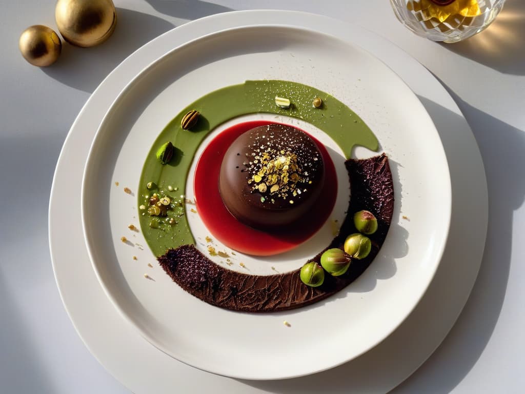  An ultradetailed image of a sleek, modern dessert plate featuring a symphony of textures: a smooth sphere of chocolate mousse dusted with edible gold flakes, a delicate shard of caramelized sugar, a dollop of velvety raspberry coulis, and a sprinkling of finely chopped pistachios, all elegantly arranged on a pristine white ceramic plate with subtle geometric patterns. The play of light and shadow highlights the intricate layers and exquisite details of each element, showcasing the artistry and precision of avantgarde dessert techniques. hyperrealistic, full body, detailed clothing, highly detailed, cinematic lighting, stunningly beautiful, intricate, sharp focus, f/1. 8, 85mm, (centered image composition), (professionally color graded), ((bright soft diffused light)), volumetric fog, trending on instagram, trending on tumblr, HDR 4K, 8K