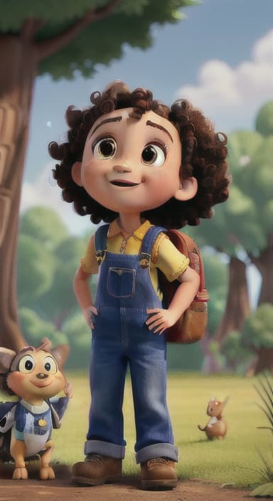  {Riley looking up at the tree with a big smile, animals surrounding them., Riley, a curious with big brown eyes and curly hair, wearing overalls and carrying a small backpack. Their friend, Skye, a bluebird with shiny feathers.