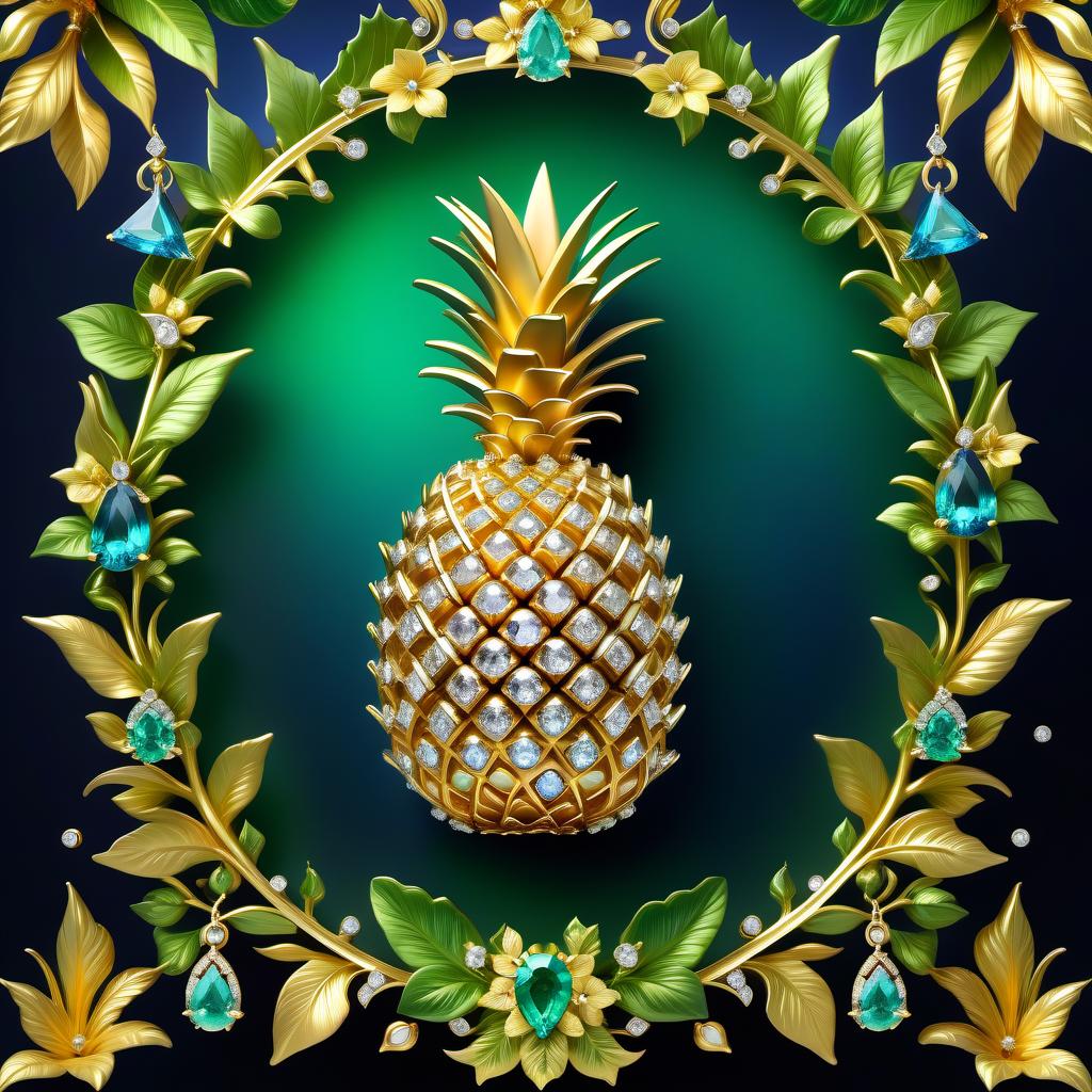  ethereal fantasy concept art of ( Frame): made of gold and diamond chains with pendants of blue stones framed by small diamonds. (Pineapple): gold jewellery in the shape of a pineapple fruit decorated with amethyst inlays. The leaves are green coloured emeralds. On the left side the pineapple is framed by golden petunia flowers. (Background): night sky with shining golden stars and shards of diamonds, blue stones and amethysts. At the bottom and top of the background are three decorative thin gold stripes. . magnificent, celestial, ethereal, painterly, epic, majestic, magical, fantasy art, cover art, dreamy hyperrealistic, full body, detailed clothing, highly detailed, cinematic lighting, stunningly beautiful, intricate, sharp focus, f/1. 8, 85mm, (centered image composition), (professionally color graded), ((bright soft diffused light)), volumetric fog, trending on instagram, trending on tumblr, HDR 4K, 8K