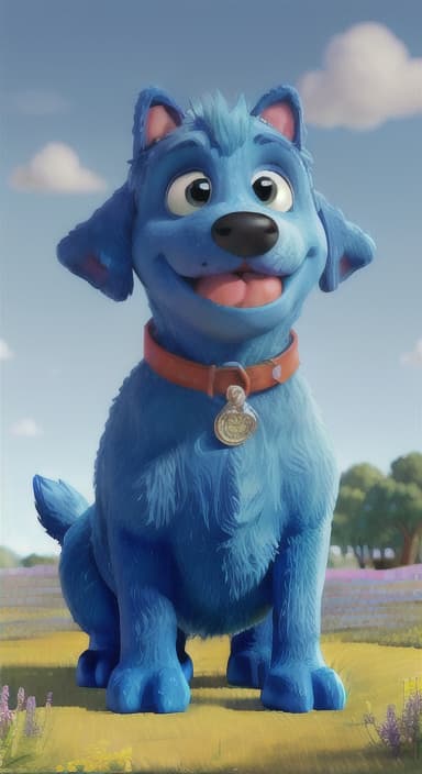  {A happy, big blue dog wagging its tail in a colorful meadow, The big blue dog is large with sky blue fur, big round eyes, a black nose, and floppy ears.