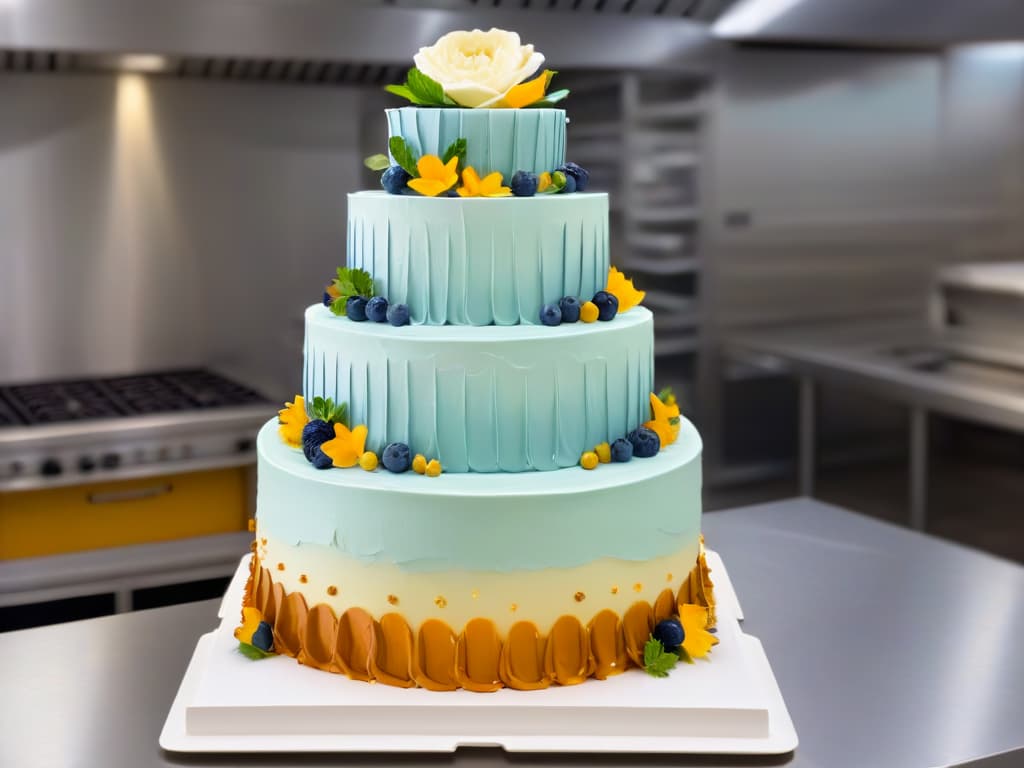  An ultradetailed image of a diverse group of pastry chefs, each expertly piping intricate designs onto a multitiered cake. The chefs are focused and precise, showcasing a range of techniques and tools. The background is a sleek, modern kitchen with stainless steel countertops and a soft, ambient light that highlights the delicate details of their creations. hyperrealistic, full body, detailed clothing, highly detailed, cinematic lighting, stunningly beautiful, intricate, sharp focus, f/1. 8, 85mm, (centered image composition), (professionally color graded), ((bright soft diffused light)), volumetric fog, trending on instagram, trending on tumblr, HDR 4K, 8K