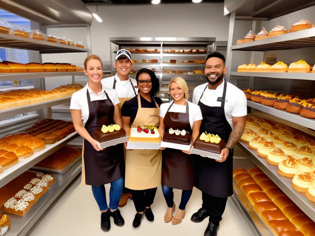  A photorealistic image of a diverse group of entrepreneurs, each holding beautifully decorated pastries and cakes, smiling confidently at the camera in a modern bakery setting. The background showcases shelves filled with various baked goods and ingredients, exuding a professional and inspiring atmosphere. Each individual is wearing a chef's apron with the logo of a prestigious online pastry certification program, emphasizing the impact of online certification in empowering aspiring bakers to succeed in their businesses. hyperrealistic, full body, detailed clothing, highly detailed, cinematic lighting, stunningly beautiful, intricate, sharp focus, f/1. 8, 85mm, (centered image composition), (professionally color graded), ((bright soft diffused light)), volumetric fog, trending on instagram, trending on tumblr, HDR 4K, 8K