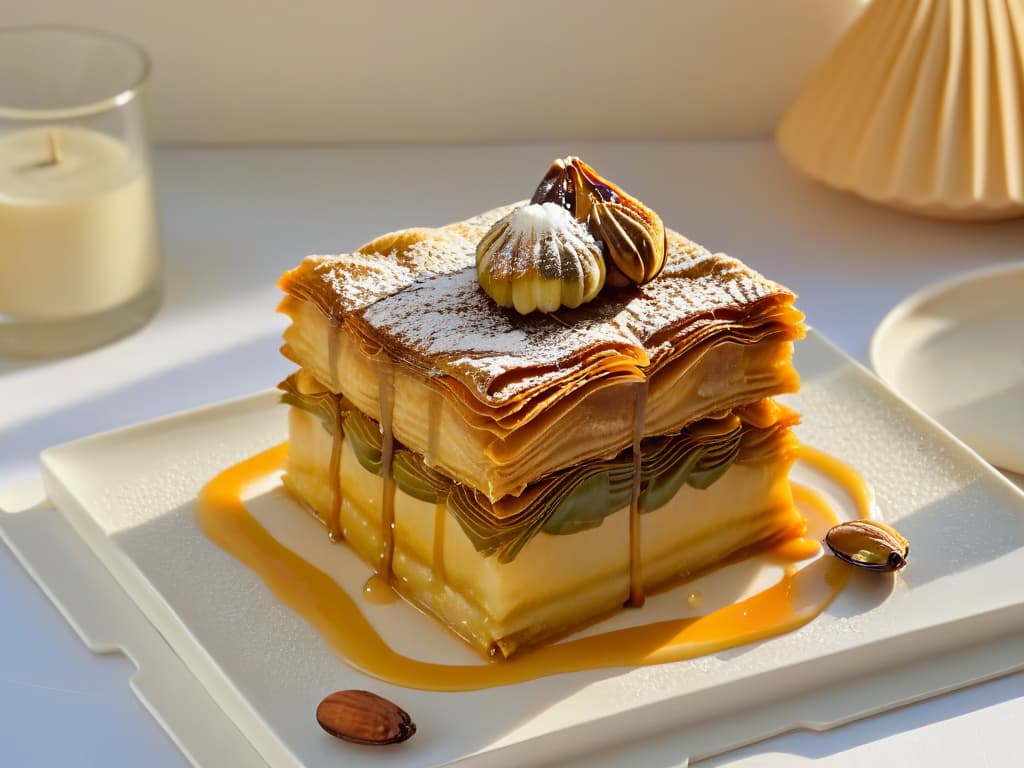  A highresolution, minimalist image of a golden, flaky baklava pastry, perfectly arranged on a delicate ceramic plate, with a light drizzle of honey glistening on top. The intricate layers of pastry and nuts are highlighted in exquisite detail, capturing the essence of this sweet delicacy. The background is softly blurred to emphasize the elegant simplicity of the baklava, creating a visually stunning and appetizing image that complements the informative and professional tone of the article while enticing the reader's senses. hyperrealistic, full body, detailed clothing, highly detailed, cinematic lighting, stunningly beautiful, intricate, sharp focus, f/1. 8, 85mm, (centered image composition), (professionally color graded), ((bright soft diffused light)), volumetric fog, trending on instagram, trending on tumblr, HDR 4K, 8K