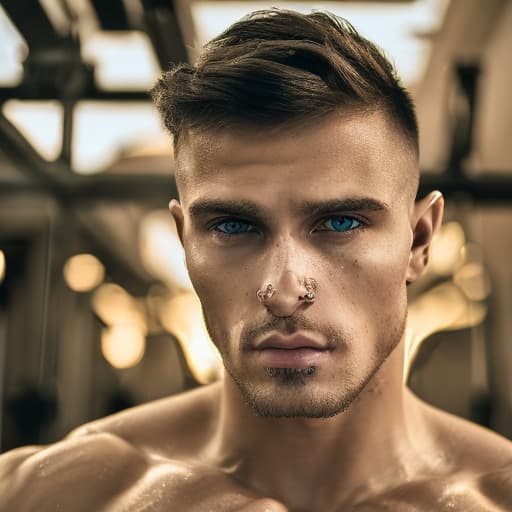 portrait+ style Russian queer fitness model brunette hunk dude face