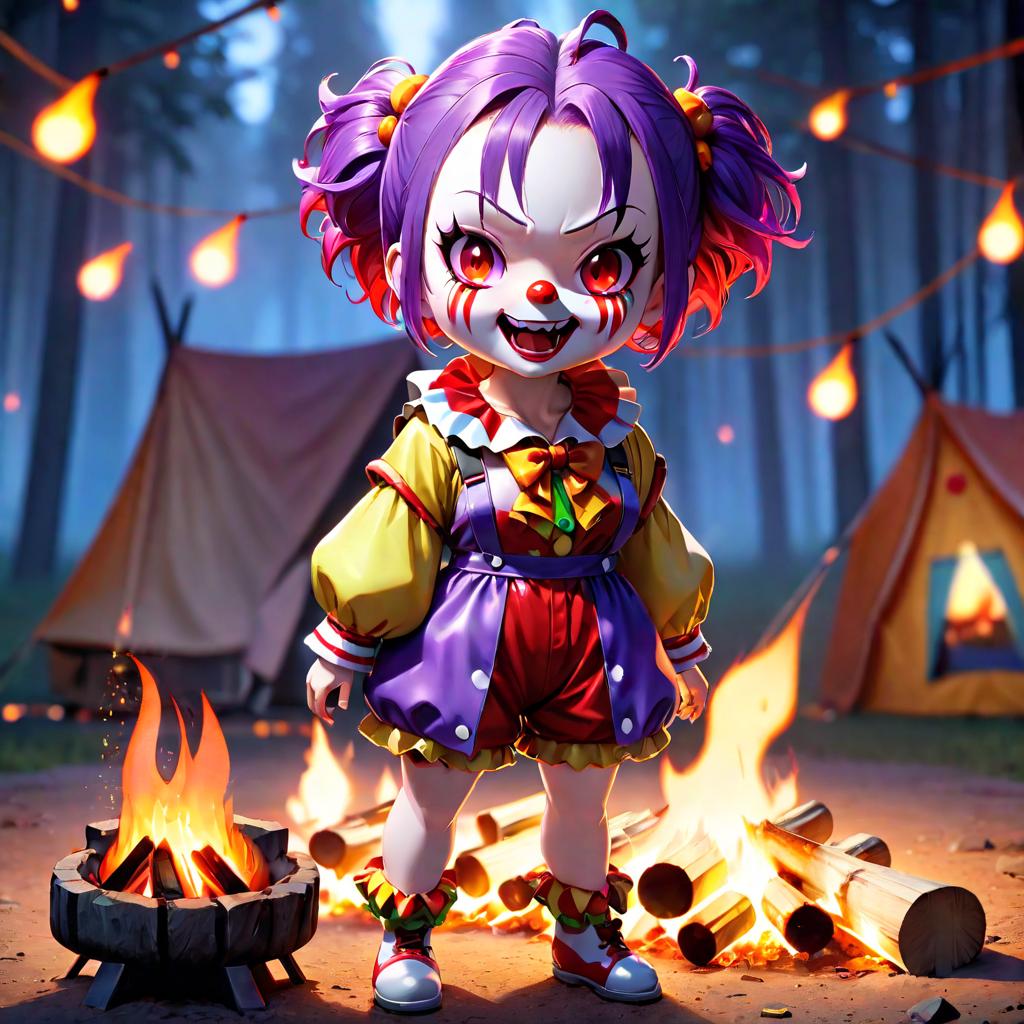  ((trending, highres, masterpiece, cinematic shot)), 1girl, chibi, female clown outfit, campfire scene, short messy purple hair, hair slicked back, red eyes, dumb, airheaded personality, sleepy expression, tanned skin, lively, energetic hyperrealistic, full body, detailed clothing, highly detailed, cinematic lighting, stunningly beautiful, intricate, sharp focus, f/1. 8, 85mm, (centered image composition), (professionally color graded), ((bright soft diffused light)), volumetric fog, trending on instagram, trending on tumblr, HDR 4K, 8K