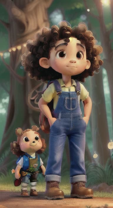  {The tree shining brightly and releasing a gentle, magical light., Riley, a curious with big brown eyes and curly hair, wearing overalls and carrying a small backpack. Their friend, Skye, a bluebird with shiny feathers.