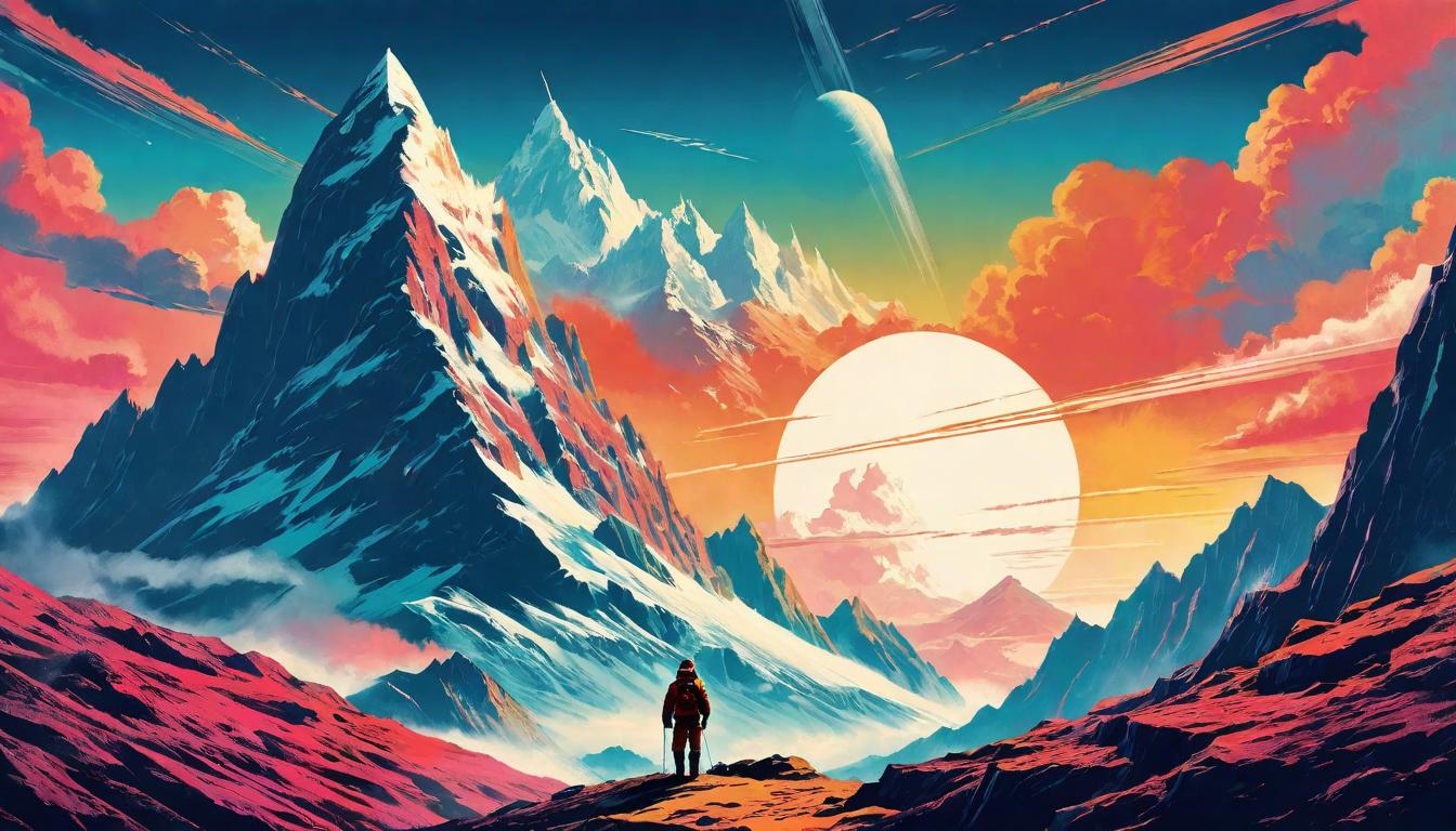  retro futuristic A mountain peak with extreme weather conditions, a person at its base looking up, undeterred. Challenge, spiritual ascent, raw beauty. lvintage sci fi, 50s and 60s style, atomic age, vibrant, highly detailed