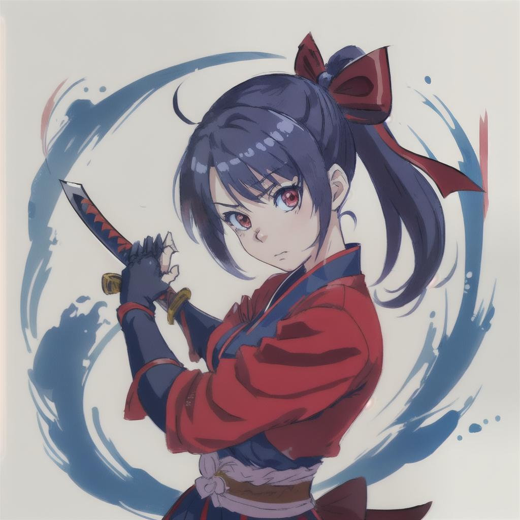  a katana with red ribbon, blue handle, in the hands of an anime girl