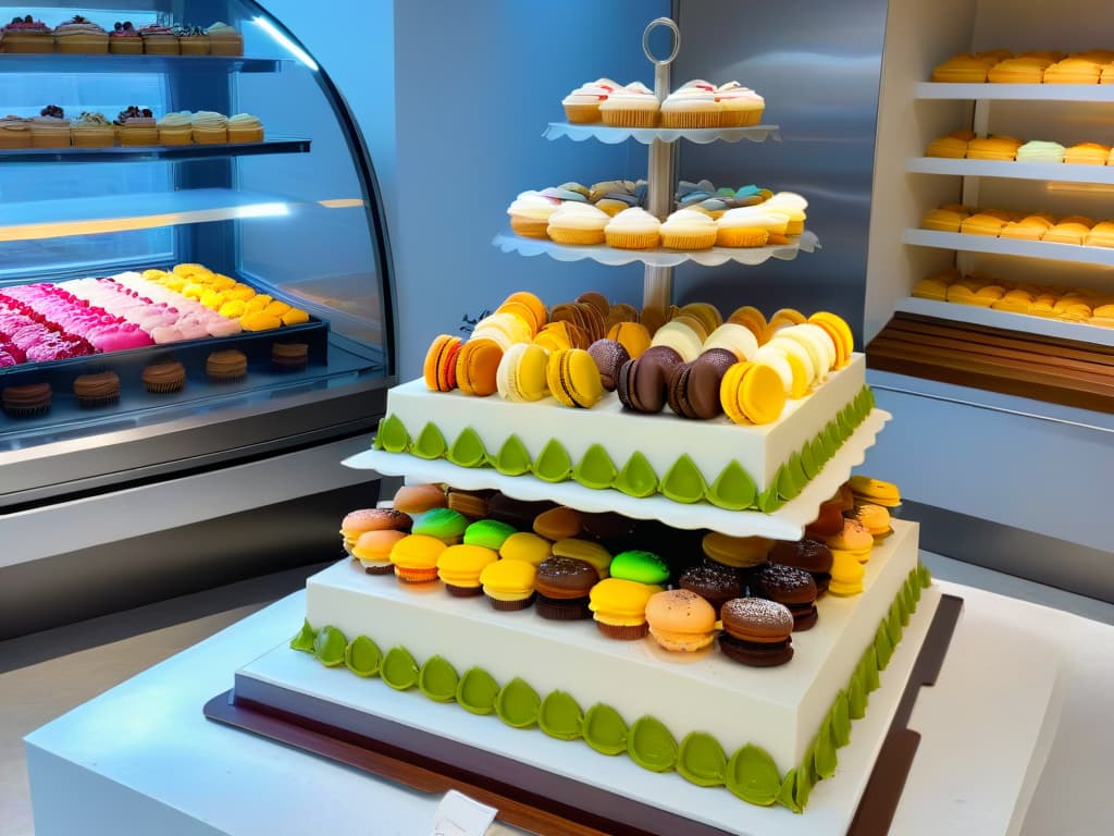  A minimalist, ultradetailed image of a sleek, modern bakery display filled with an array of beautifully crafted dessert merchandise. The display features an assortment of colorful macarons, decadent cupcakes with intricate frosting designs, and elegant pastries arranged neatly on marble countertops. The lighting is soft and highlights the textures and details of each dessert, creating a visually appealing and enticing showcase for merchandising inspiration. hyperrealistic, full body, detailed clothing, highly detailed, cinematic lighting, stunningly beautiful, intricate, sharp focus, f/1. 8, 85mm, (centered image composition), (professionally color graded), ((bright soft diffused light)), volumetric fog, trending on instagram, trending on tumblr, HDR 4K, 8K