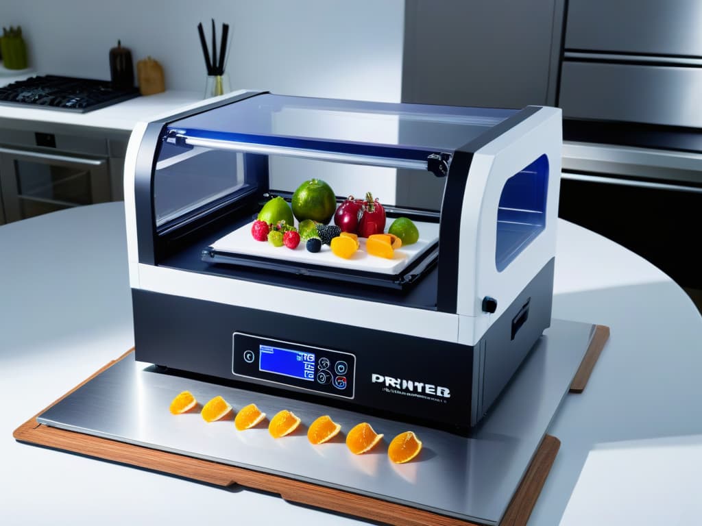  A photorealistic image of a sleek, futuristic kitchen countertop featuring a stateoftheart 3D food printer in action, meticulously crafting intricate and colorful edible creations. The printer is surrounded by an array of fresh fruits, vegetables, and spices, hinting at the endless possibilities and creativity that 3D printing technology brings to the culinary world. The lighting is soft yet highlights the precision and detail of the printer's work, emphasizing the seamless integration of technology and gastronomy. hyperrealistic, full body, detailed clothing, highly detailed, cinematic lighting, stunningly beautiful, intricate, sharp focus, f/1. 8, 85mm, (centered image composition), (professionally color graded), ((bright soft diffused light)), volumetric fog, trending on instagram, trending on tumblr, HDR 4K, 8K