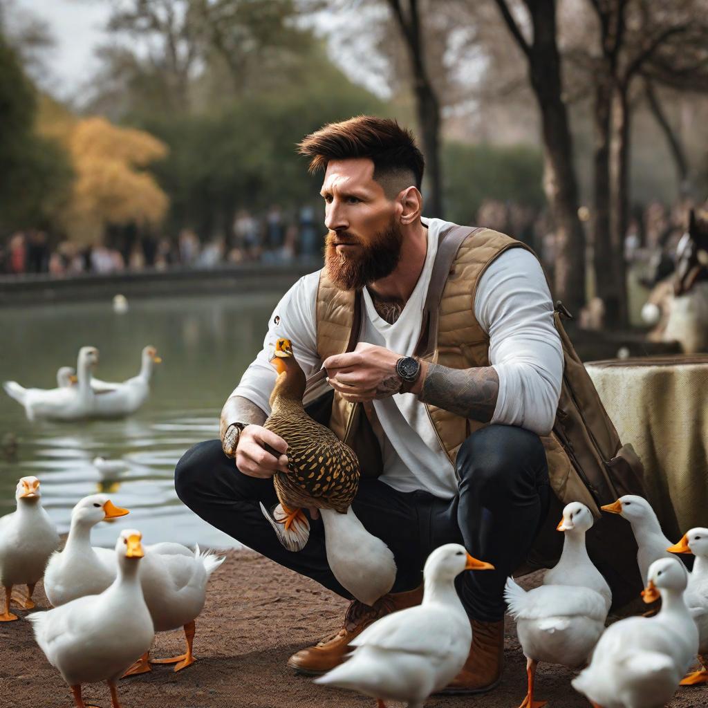  Messi alimentando patos en un parque hyperrealistic, full body, detailed clothing, highly detailed, cinematic lighting, stunningly beautiful, intricate, sharp focus, f/1. 8, 85mm, (centered image composition), (professionally color graded), ((bright soft diffused light)), volumetric fog, trending on instagram, trending on tumblr, HDR 4K, 8K