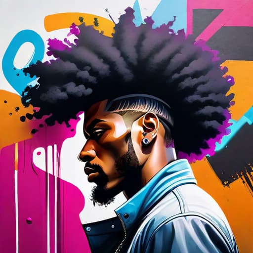  painting of graffiti Black man face, side view, voluminous afro hairstyle, color painting, graffiti style, white background,High Quality,Highly detailed, Trending on artstation, Unreal engine, Vivid Color, Bocke hyperrealistic, full body, detailed clothing, highly detailed, cinematic lighting, stunningly beautiful, intricate, sharp focus, f/1. 8, 85mm, (centered image composition), (professionally color graded), ((bright soft diffused light)), volumetric fog, trending on instagram, trending on tumblr, HDR 4K, 8K