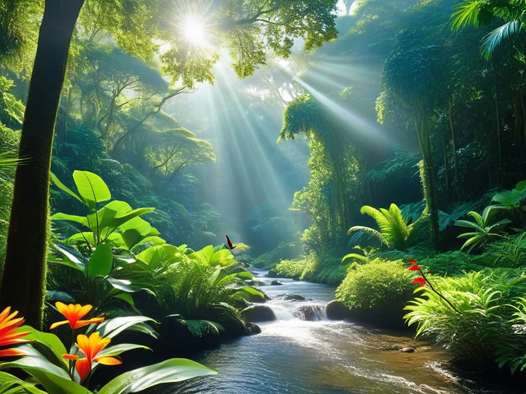  A lush, vibrant rainforest scene with diverse flora and fauna, showcasing a harmonious ecosystem. The image features a variety of colorful flowers, towering trees, exotic birds in flight, and a gentle stream flowing through the verdant landscape. Sunlight filters through the dense canopy, creating a dappled effect on the forest floor. The rich biodiversity and natural beauty of the rainforest are prominently displayed, highlighting the importance of preserving such ecosystems. hyperrealistic, full body, detailed clothing, highly detailed, cinematic lighting, stunningly beautiful, intricate, sharp focus, f/1. 8, 85mm, (centered image composition), (professionally color graded), ((bright soft diffused light)), volumetric fog, trending on instagram, trending on tumblr, HDR 4K, 8K