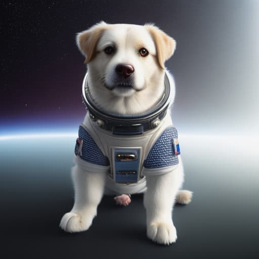  a dog in space wearing space suitskjkj hyperrealistic, full body, detailed clothing, highly detailed, cinematic lighting, stunningly beautiful, intricate, sharp focus, f/1. 8, 85mm, (centered image composition), (professionally color graded), ((bright soft diffused light)), volumetric fog, trending on instagram, trending on tumblr, HDR 4K, 8K