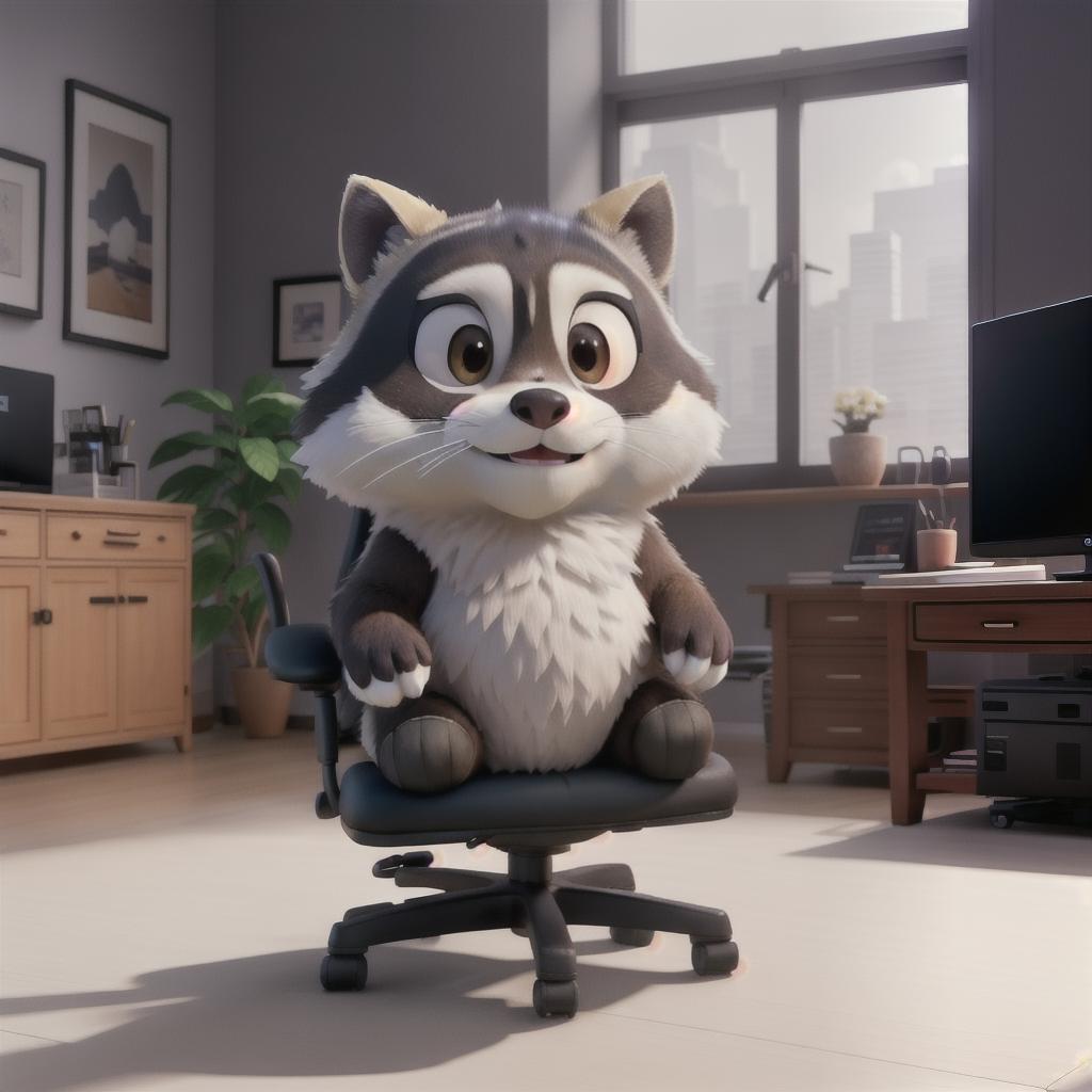  raccoon sitting in gaming chair front a computer on desktop, ((semi anthropomorphic)),(full body), tail, belly, sitting, fat, (chubby), (((white background))), solo, desktop, gaming chair, side view,  [[[clothes]]] hyperrealistic, full body, detailed clothing, highly detailed, cinematic lighting, stunningly beautiful, intricate, sharp focus, f/1. 8, 85mm, (centered image composition), (professionally color graded), ((bright soft diffused light)), volumetric fog, trending on instagram, trending on tumblr, HDR 4K, 8K