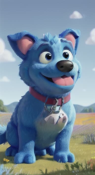  {A happy, big blue dog wagging its tail in a colorful meadow, The big blue dog is large with sky blue fur, big round eyes, a black nose, and floppy ears.