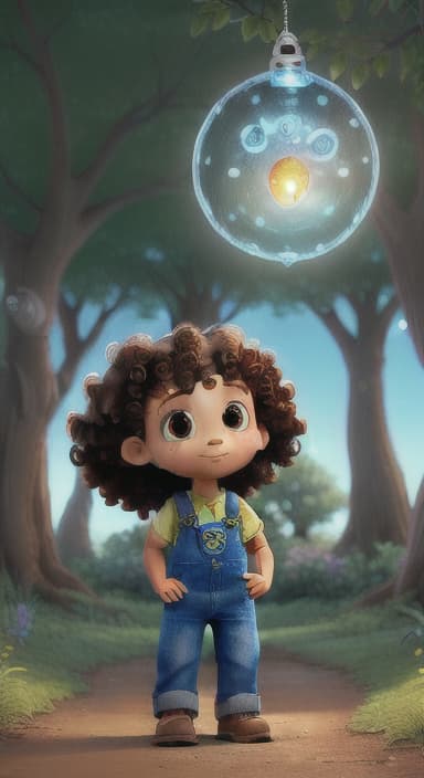  {The tree shining brightly and releasing a gentle, magical light., Riley, a curious with big brown eyes and curly hair, wearing overalls and carrying a small backpack. Their friend, Skye, a bluebird with shiny feathers.