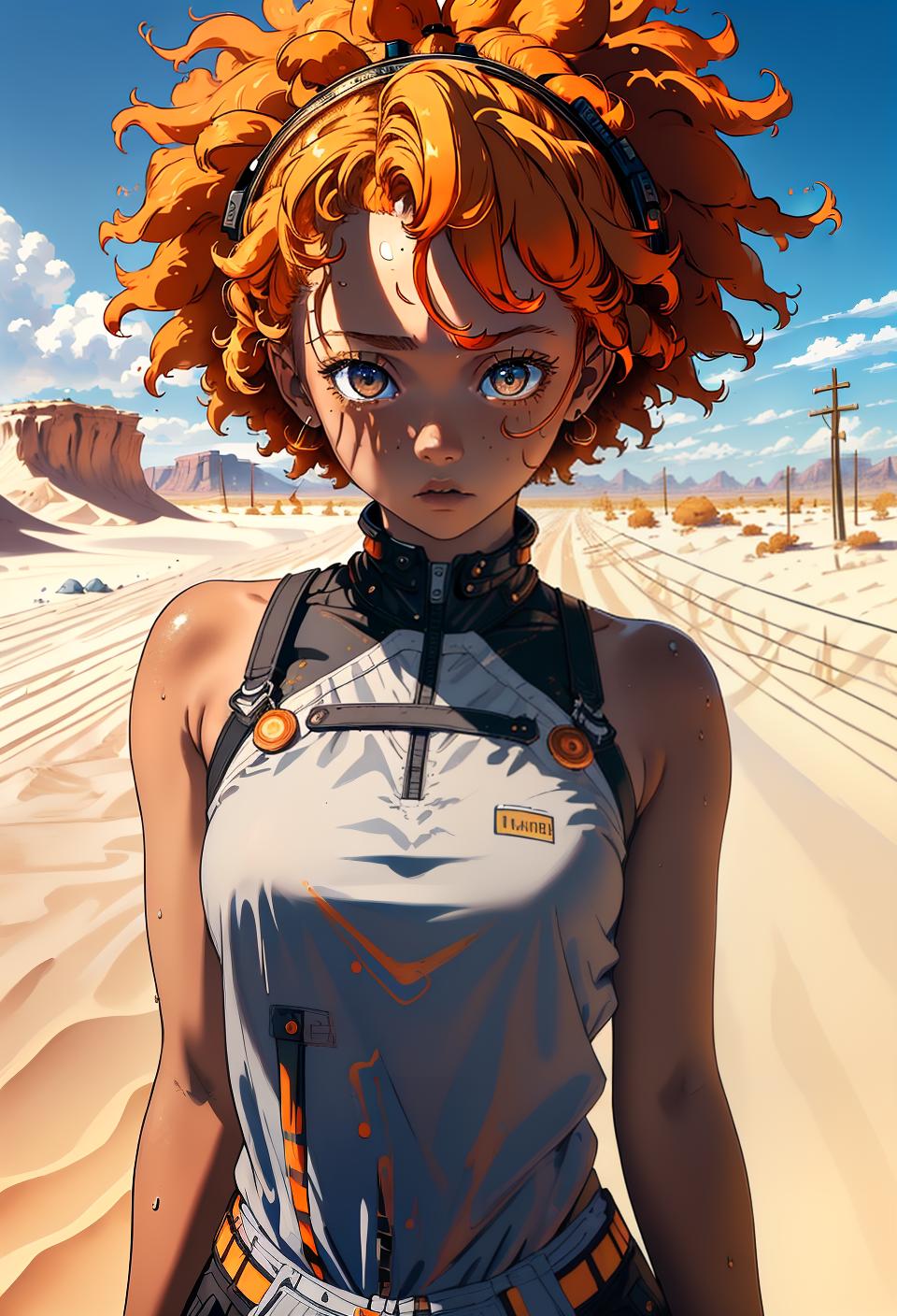  ((trending, highres, masterpiece, cinematic shot)), 1girl, young, female, desert scene, short messy orange hair, afro, narrow amber eyes, personality, bored expression, grey skin, magical, lucky