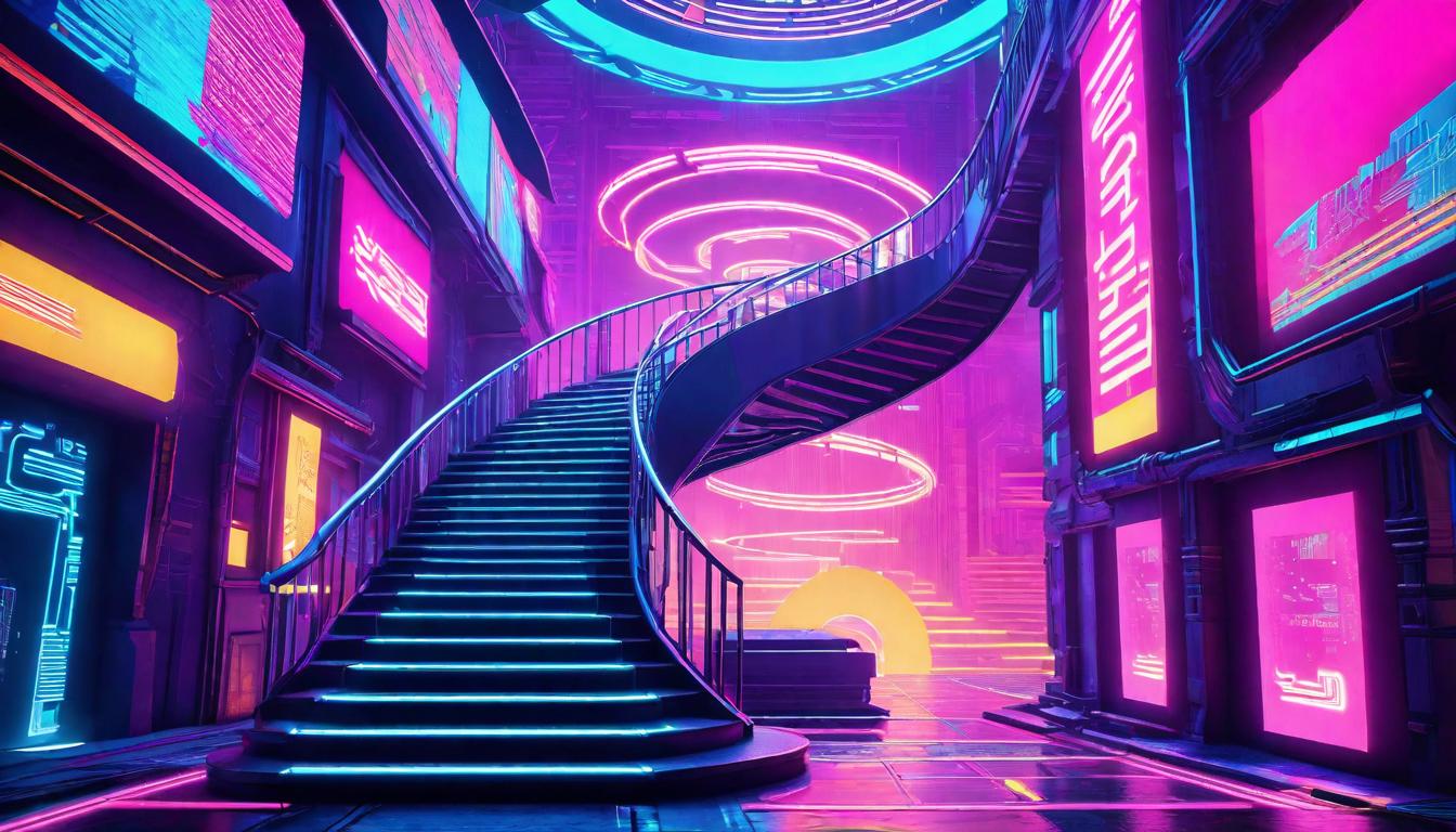  vaporwave,cyberpunk game style A spiral staircase winding upwards, each step illuminated by footprints glowing with warmth, symbolizing the dynamic journey of aligning with one’s higher self.eon, dystopian, futuristic, digital, vibrant, detailed, high contrast, reminiscent of cyberpunk genre video games,retro aesthetic, cyberpunk, vibrant, neon colors, vintage 80s and 90s style, highly detailed