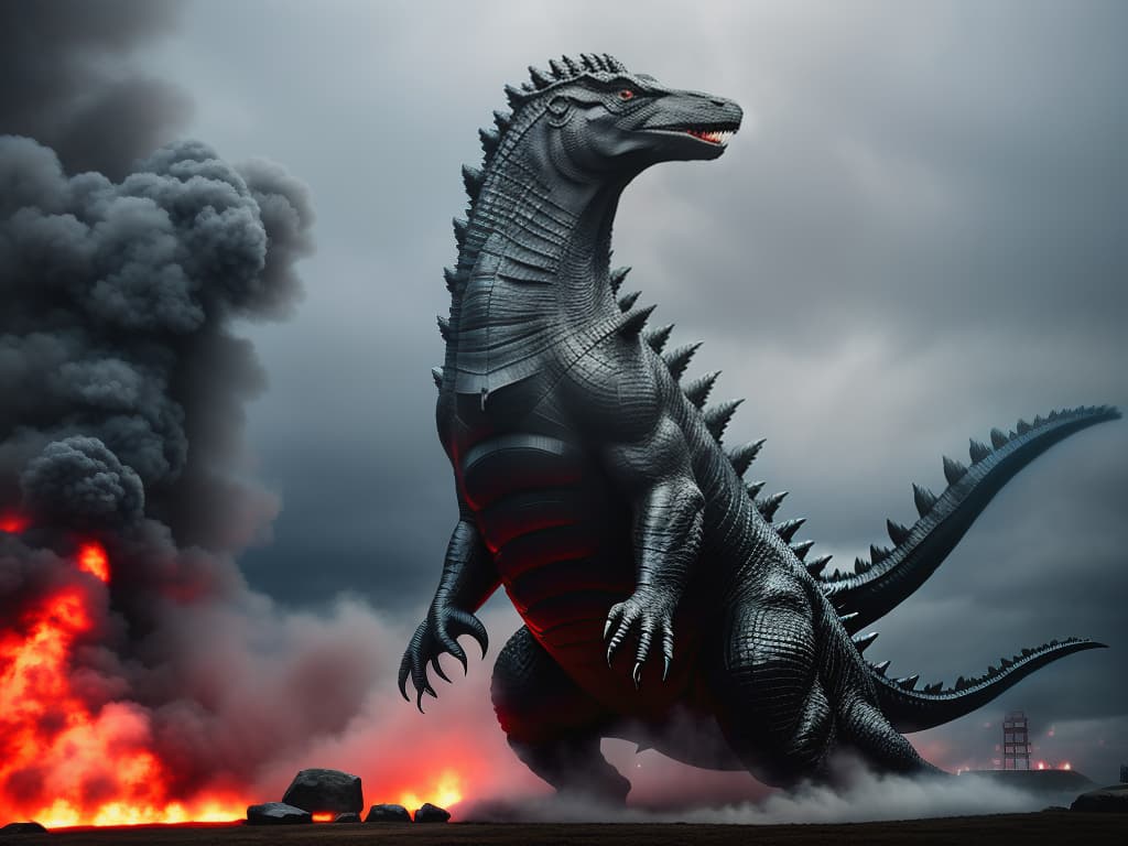  Shimo from Godzilla full hd render 4k UHD immense detail fine details octane render 8k hyperrealistic, full body, detailed clothing, highly detailed, cinematic lighting, stunningly beautiful, intricate, sharp focus, f/1. 8, 85mm, (centered image composition), (professionally color graded), ((bright soft diffused light)), volumetric fog, trending on instagram, trending on tumblr, HDR 4K, 8K