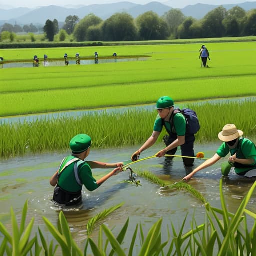  Green people catch tadpoles in the field,