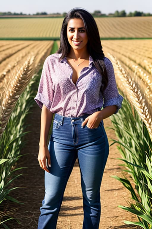  Middle eastern female, jeans, full body picture pose, tall wheat, field, farm