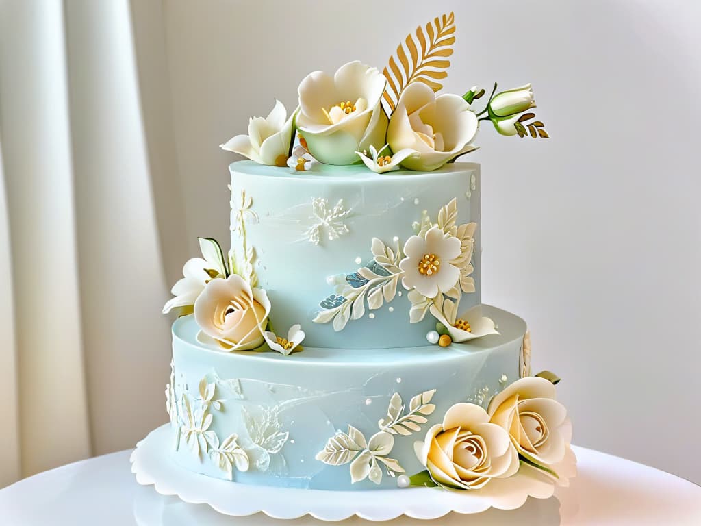  An ultradetailed image of a threetiered wedding cake covered in smooth, glossy fondant. The cake is adorned with intricate edible lace details, delicate sugar flowers in soft pastel hues, and shimmering gold accents. The background is softly blurred to keep the focus on the exquisite craftsmanship of the cake, showcasing flawless finishing and precision in every detail. The lighting is soft and diffused, enhancing the photorealistic quality of the image and highlighting the impeccable perfection of the cake's design. hyperrealistic, full body, detailed clothing, highly detailed, cinematic lighting, stunningly beautiful, intricate, sharp focus, f/1. 8, 85mm, (centered image composition), (professionally color graded), ((bright soft diffused light)), volumetric fog, trending on instagram, trending on tumblr, HDR 4K, 8K