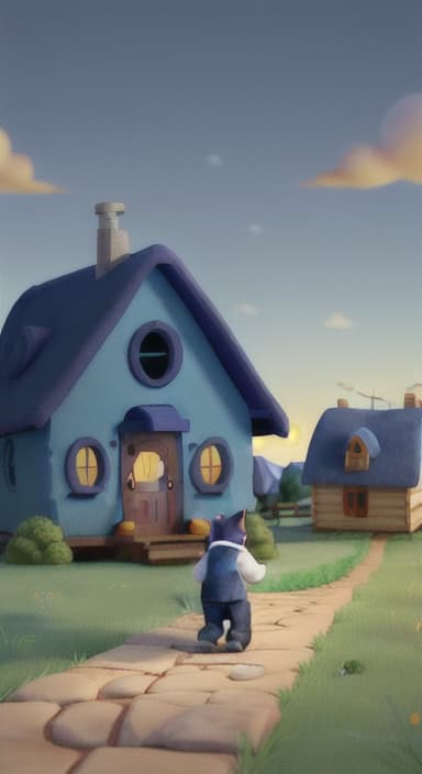  {Max walking back towards the cozy little house with droopy eyes, as twilight falls, The big blue dog is large with sky blue fur, big round eyes, a black nose, and floppy ears.