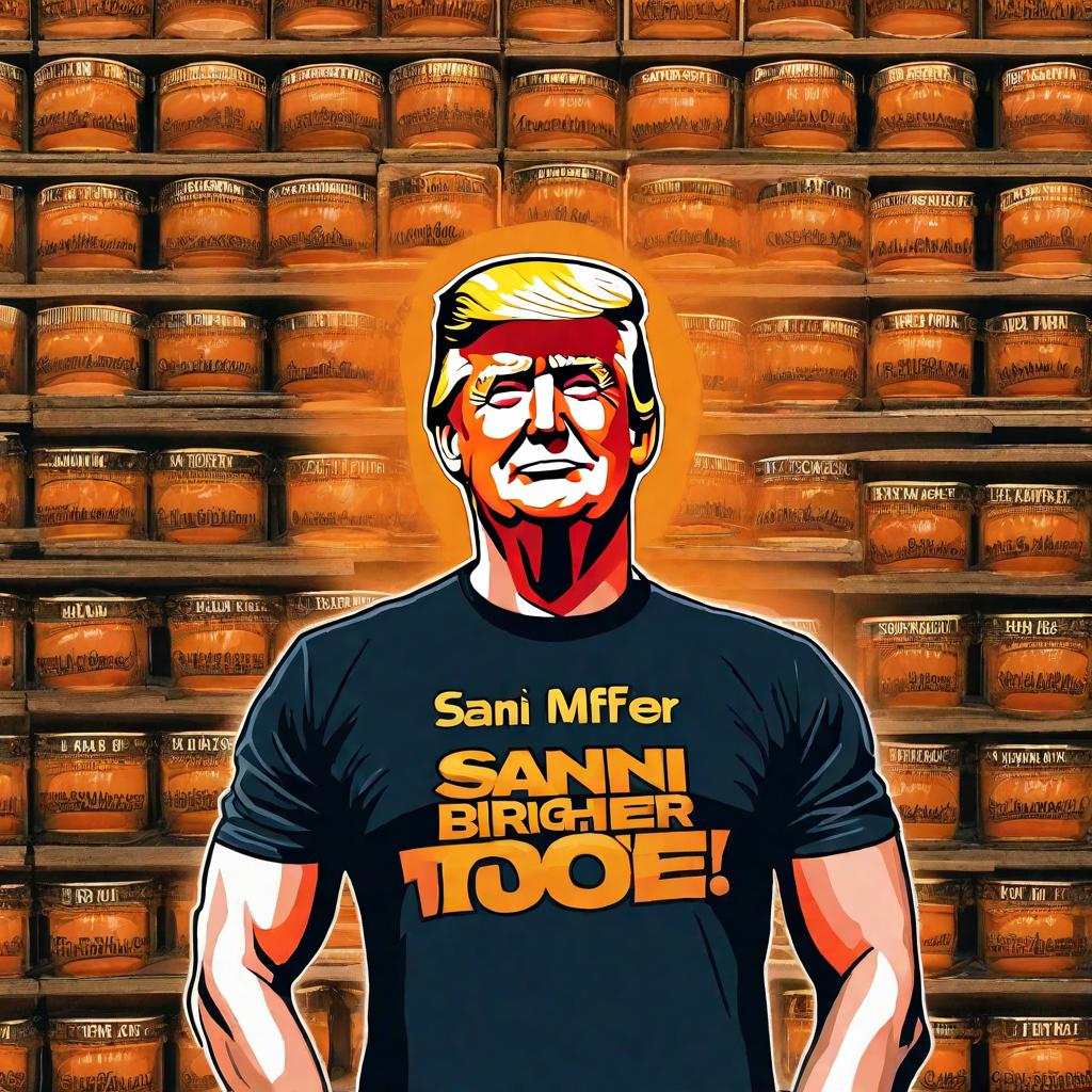  trump wearing a t shirt that says “buy sani mfer” dont make his face too orange make it 2 tones brighter only hyperrealistic, full body, detailed clothing, highly detailed, cinematic lighting, stunningly beautiful, intricate, sharp focus, f/1. 8, 85mm, (centered image composition), (professionally color graded), ((bright soft diffused light)), volumetric fog, trending on instagram, trending on tumblr, HDR 4K, 8K